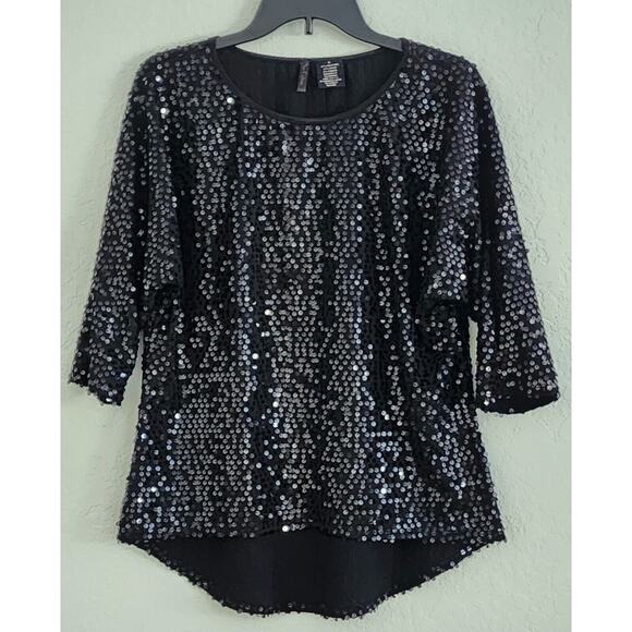 TOP-NUE OPTIONS-Black Sequins-Shirt Tail Bottom-3/4 Sleeves-Reflective-Size MED - Picture 5 of 14